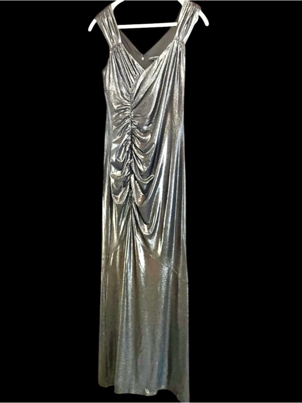 Maggie London Silver Metallic Rouched Formal Dress NWT